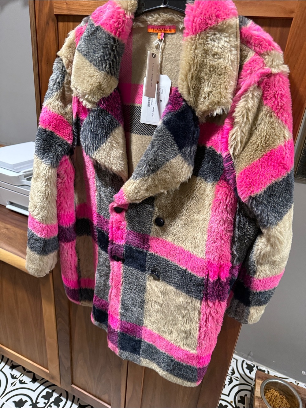 Anthropologie Plaid Teddy Coat in Hot Pink, Beige & Gray